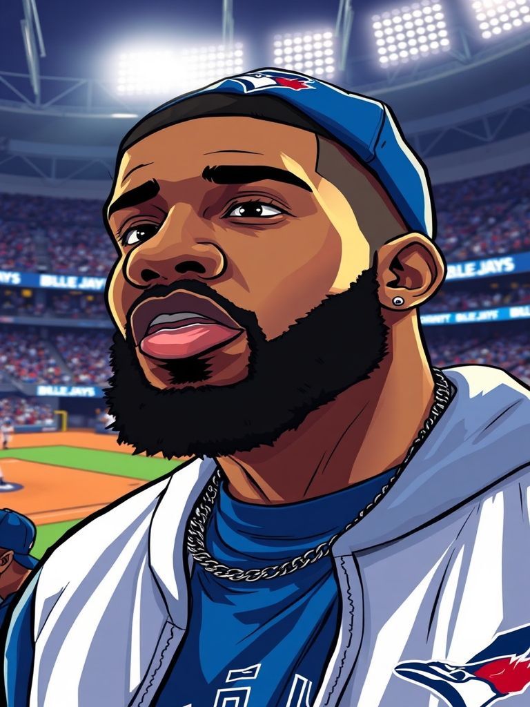 Drake wearing a Blue Jays cap at Rogers Centre