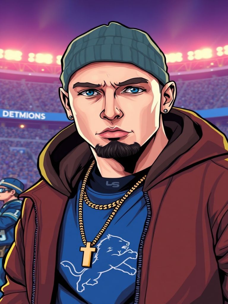 Eminem wearing Detroit Lions gear at Ford Field