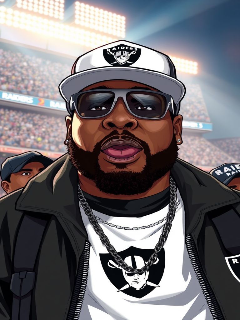 Ice Cube wearing Raiders silver and black at Oakland-Alameda County Coliseum