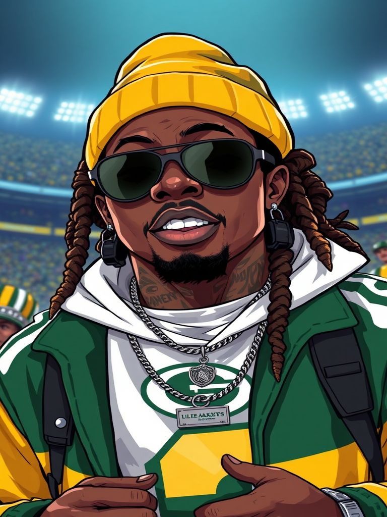 Lil Wayne wearing Green Bay Packers green and gold gear