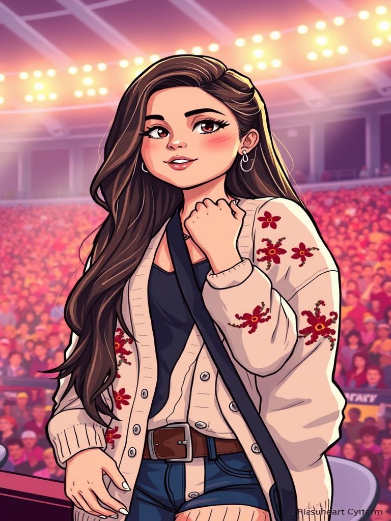 Selena Gomez wearing a folklore cardigan at the Eras Tour