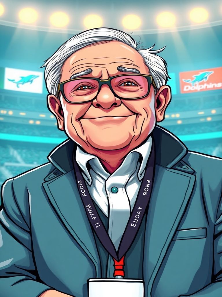 Warren Buffett wearing Miami Dolphins Ndamukong Suh jersey with shoulder pads